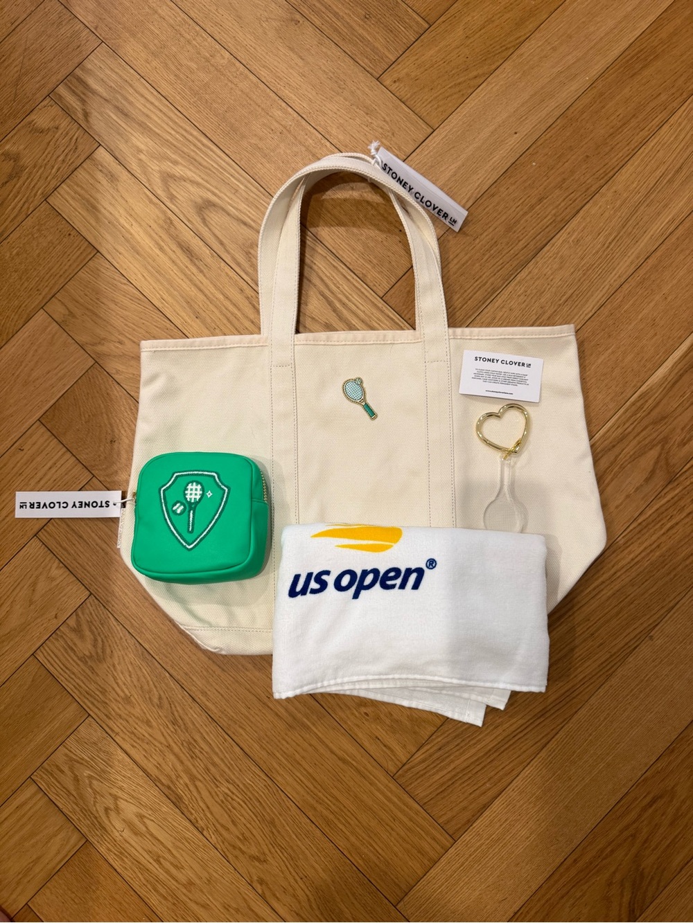 Stoney Clover Lane Cream Canvas Tote with Green Pouch and White Towel